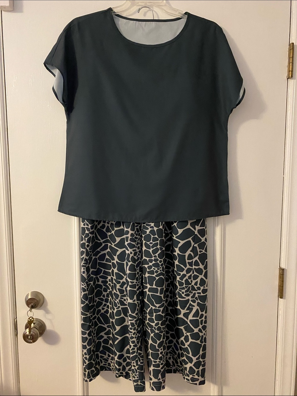Women’s Dark Teal Top with Printed Giraffe Pant Set